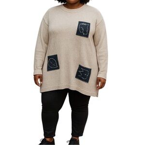 Stitches in Time Vintage Sweater Fall Leaf Navy Patches Tan Artsy Tunic Women 3X